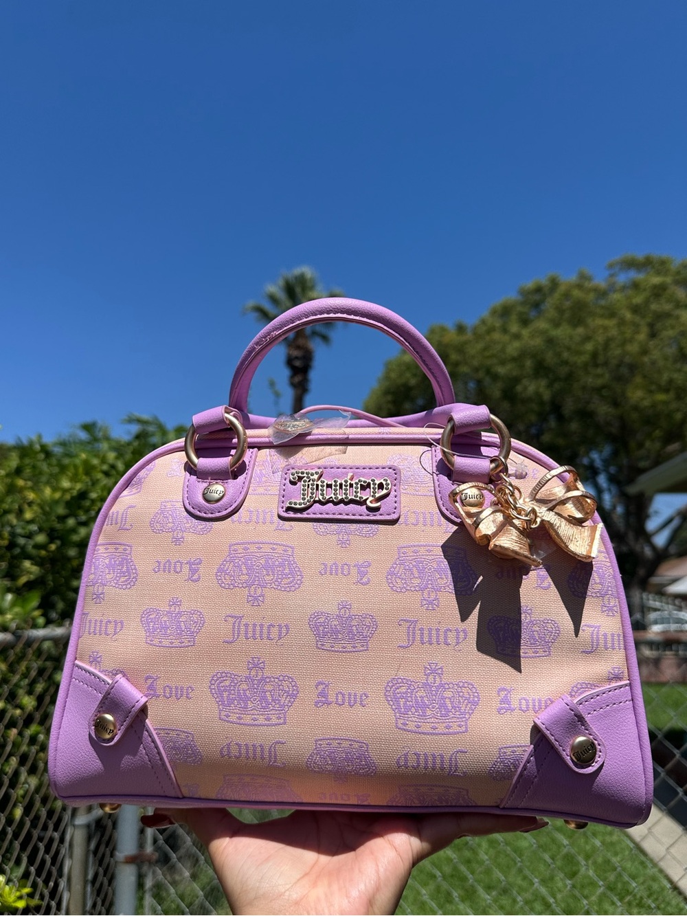 Juicy Couture Y2K Pink Lavender Monogram Bowler Satchel Crossbody Purse NWT
